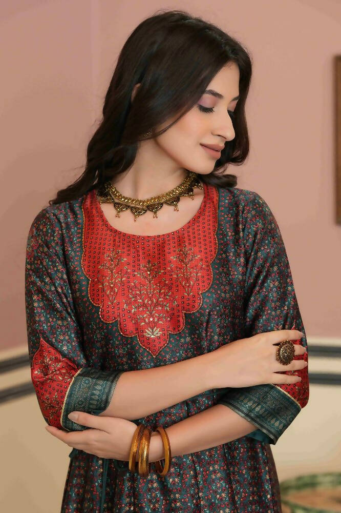 Juniper Green Satin Festive Printed Anarkali Flared Anarkali Kurta For Women