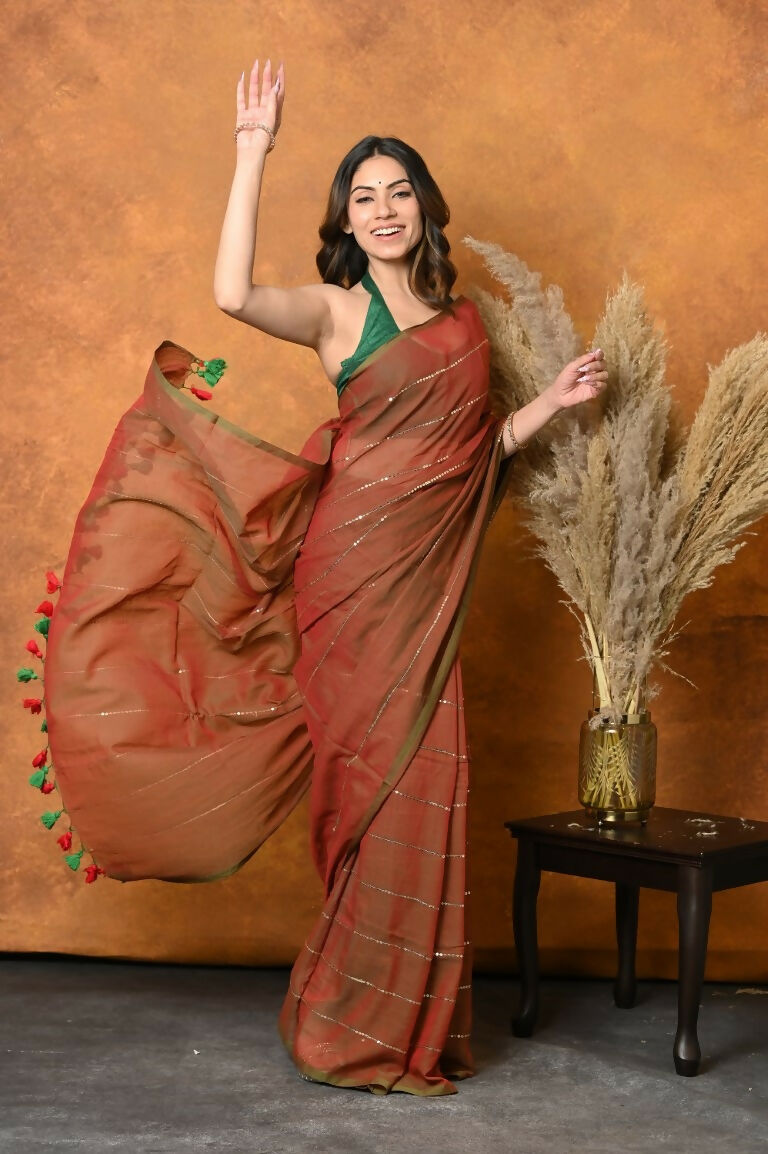 Very Much Indian Designer Mul Cotton Handloom Saree with Sequins - Dual Tone Red Green