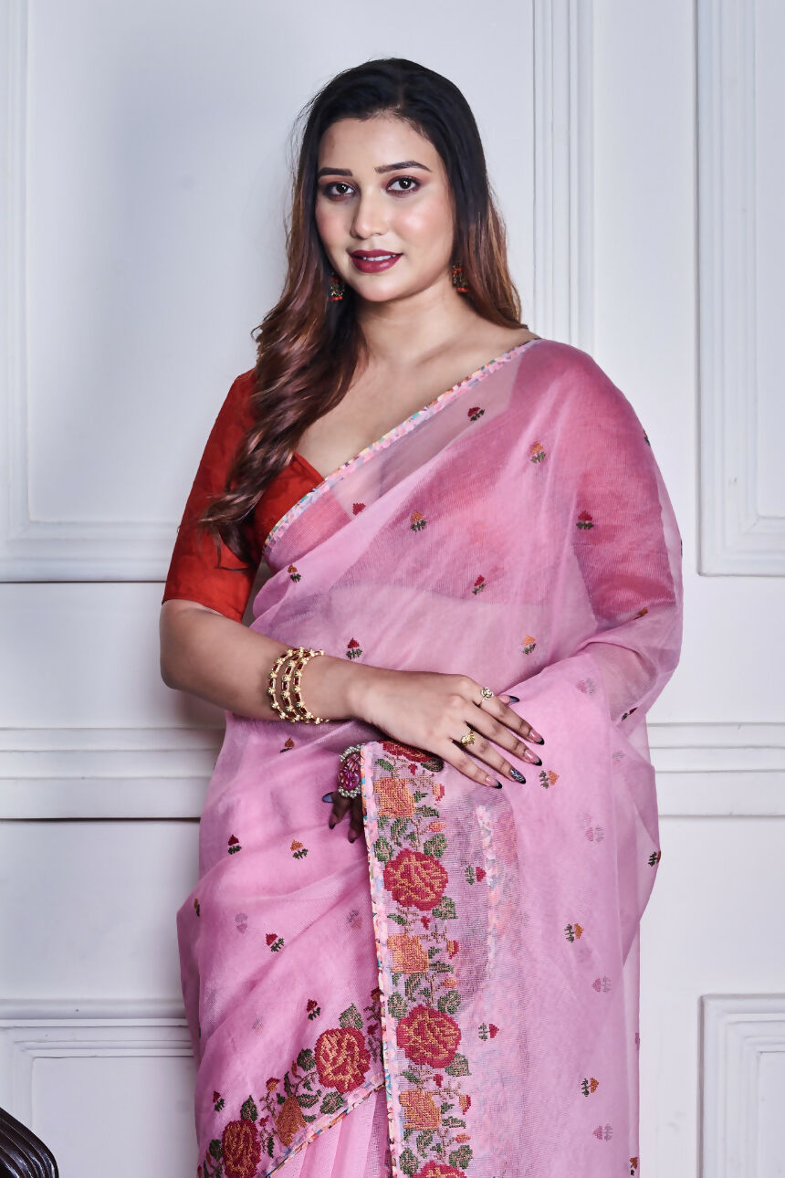 Morchari Pink Supernet Cross Embroidery Saree Unstitched Blouse