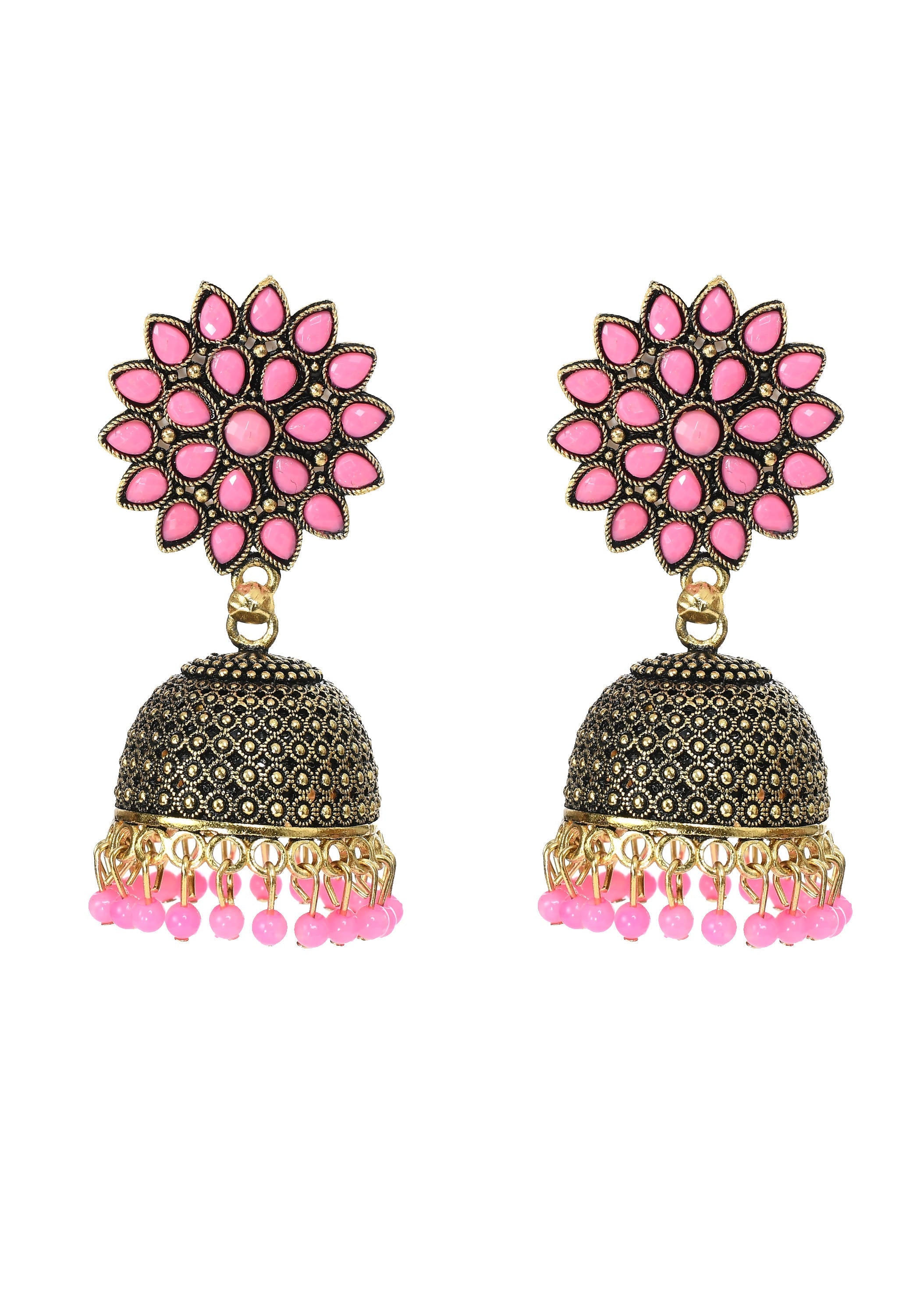 Mominos Fashion Johar Kamal Beautiful Kundan Work Jhumka With Baby Pink Beads