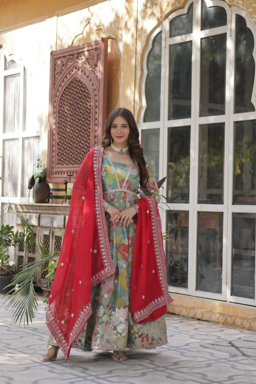Vastranavya Multicolor Russian Silk Foil Embroidery with Zari Sequins & Digital Printed Gown Dupatta