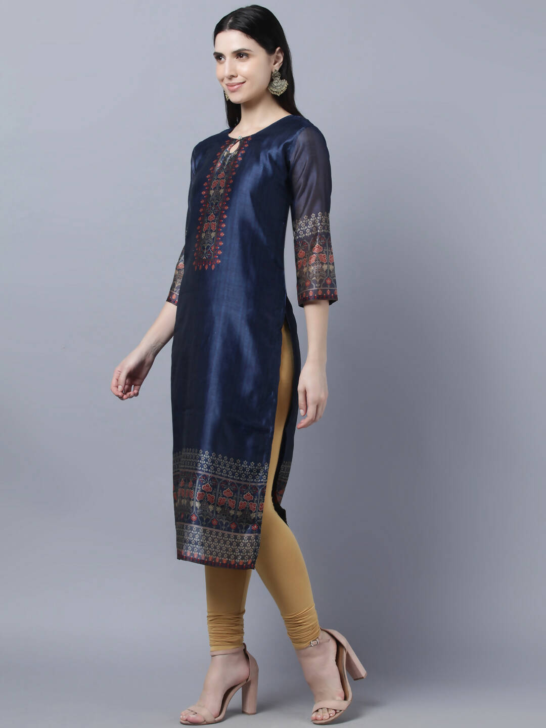 Myshka Women Navy Blue Ethnic Motifs Printed Keyhole Neck Chanderi Silk Kurta