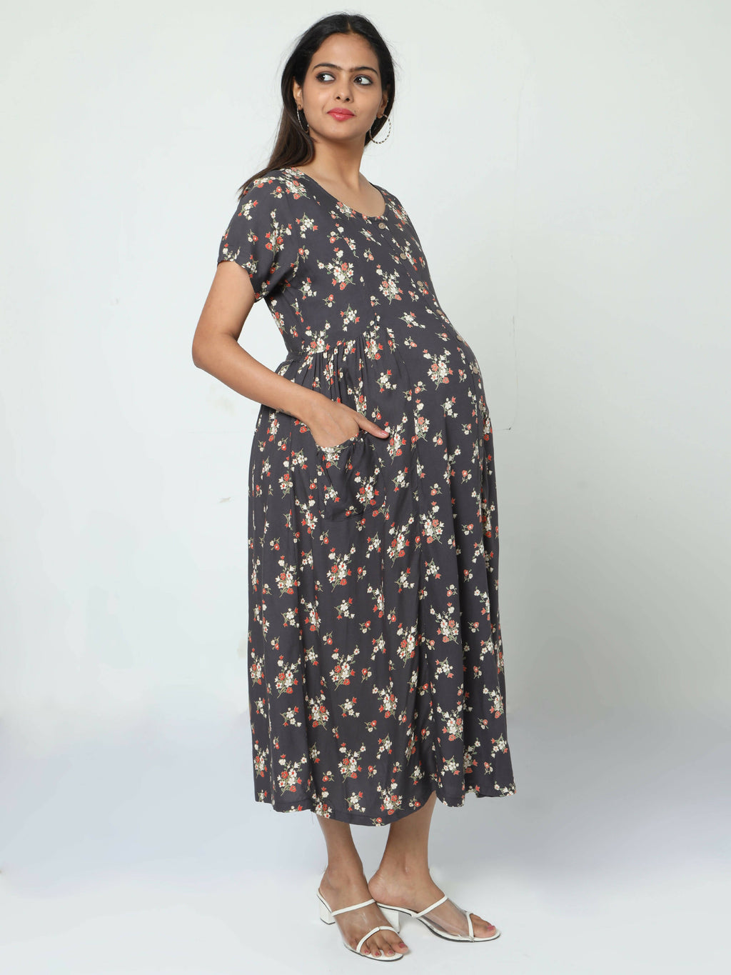 Manet Short Sleeves Maternity Dress Floral Print With Concealed Zipper Nursing Access - Navy Blue
