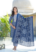 Juniper Women's Blue Floral Printed Cotton Kurta Set With Thread & Mirror Work