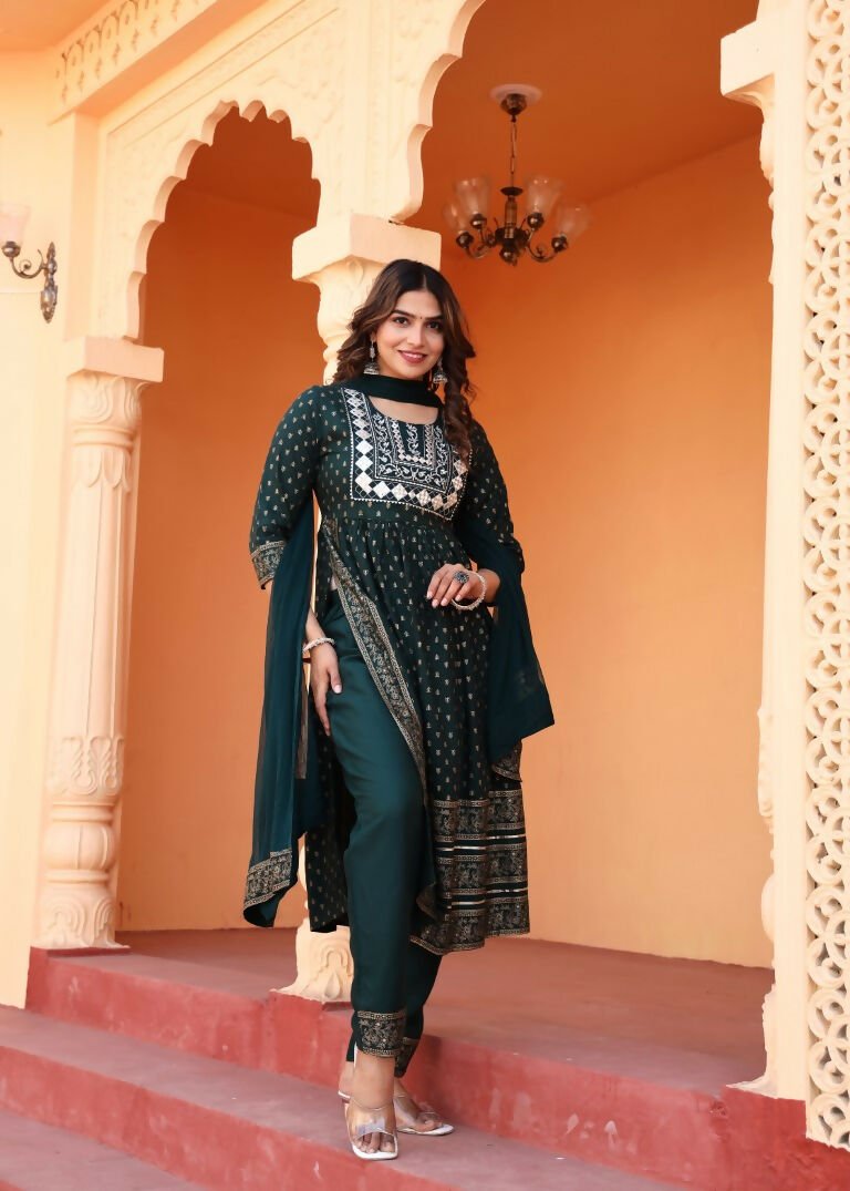 Alvano Women's Embroidery work Print Naira Cut Kurti with Pant and Dupatta set Rayon