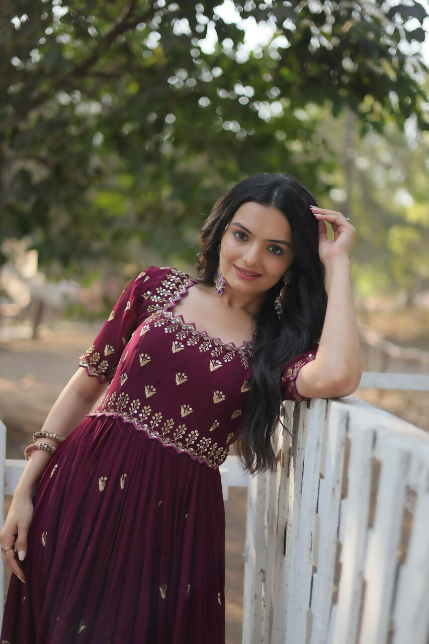 Vastranavya Premium Designer Faux Blooming with Embroidery Zari Sequins work Gown - Maroon