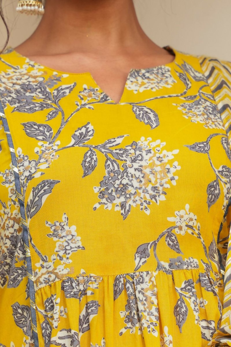 Aramya Anarkali Soft Cotton Gold foil Print Women's Kurta - Yellow