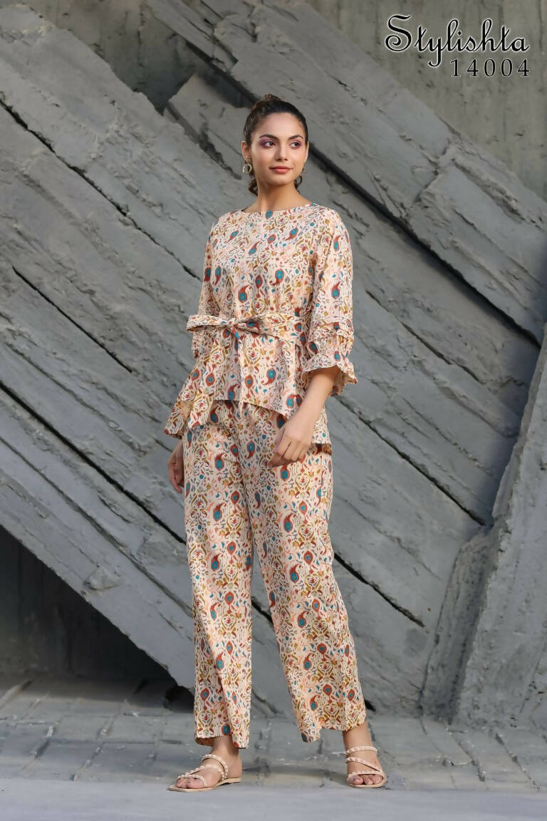 Women's Partywear Designer Cream & Multi Muslin co-ord set - Stylishta