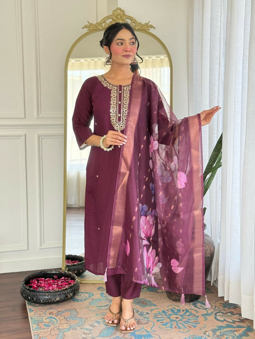 The52 Wine Women's Gorgeous Rayon Fabric Embroidered Work Straight Kurta Pant and Dupatta Set