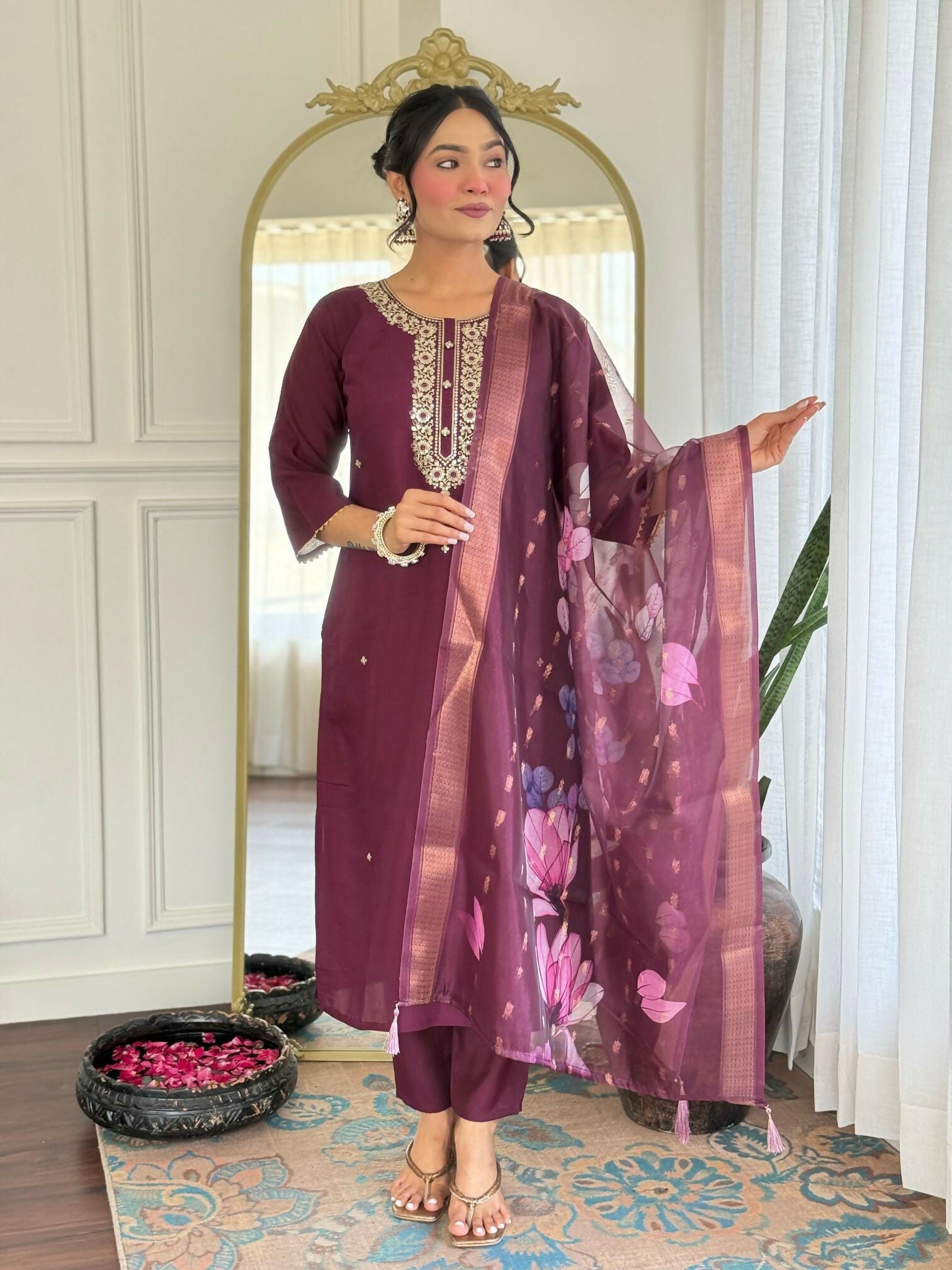 The52 Wine Women's Gorgeous Rayon Fabric Embroidered Work Straight Kurta Pant and Dupatta Set