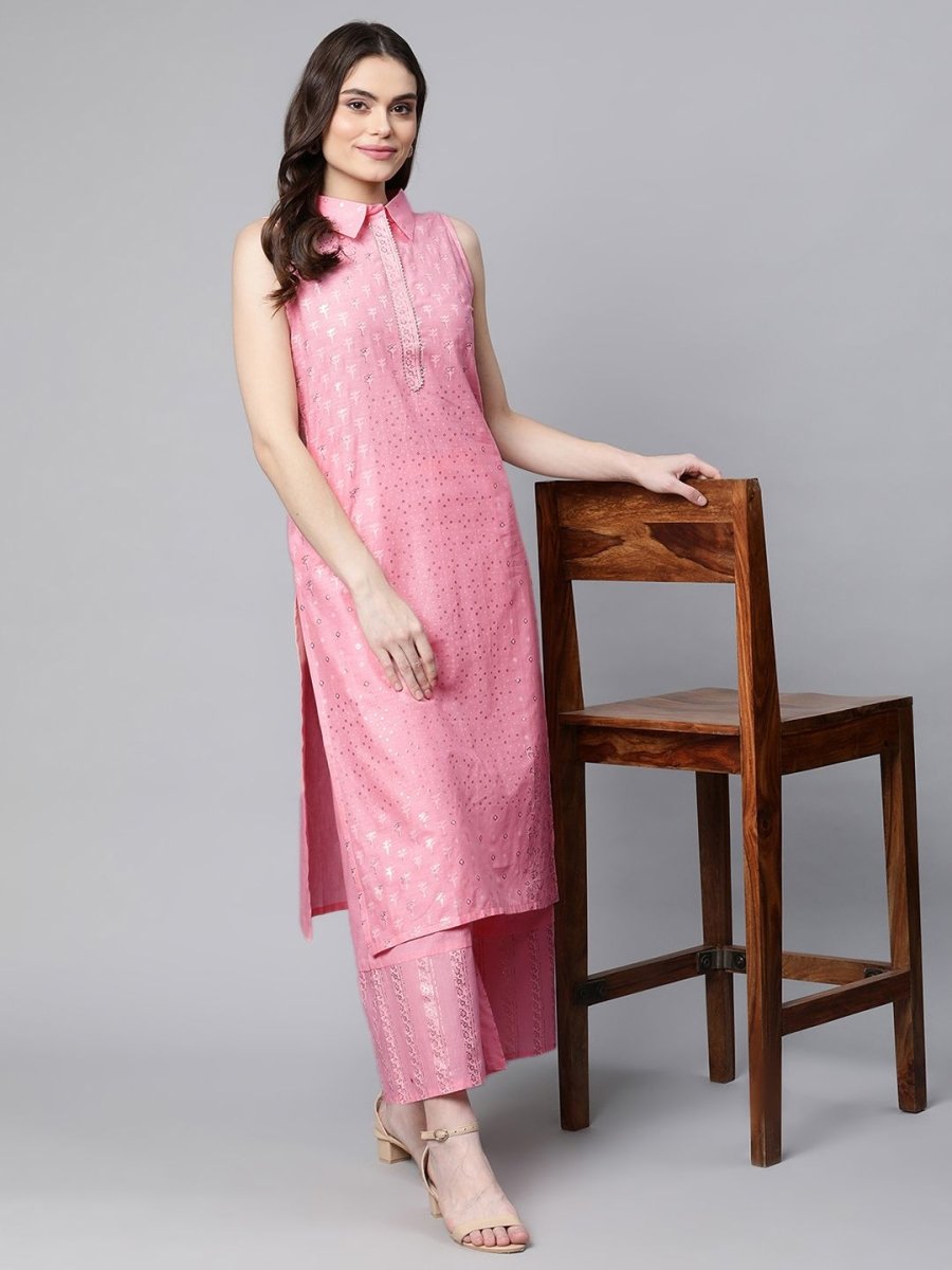 Ahalyaa Women Light Pink Colour Pure Cotton Printed Kurta Palazzo Set