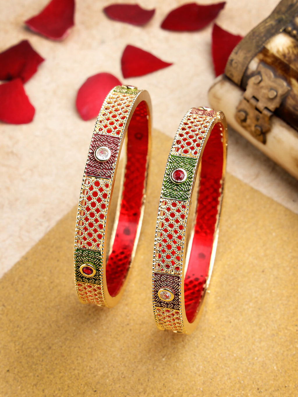 NVR Women's Set Of 2 Gold-Polished Red Kundan Traditional Bangles