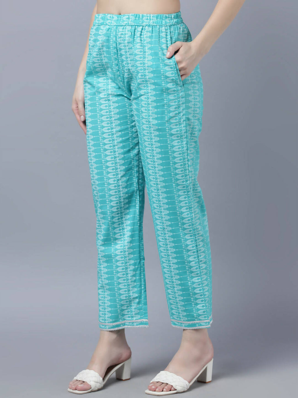 Myshka Women Turquoise Blue Layered Pure Cotton Kurti with Trousers With Dupatta Set