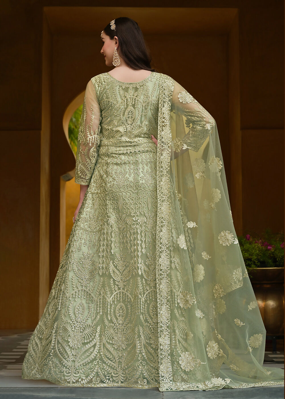Pista Green Pure Butterfly Net Wedding Wear Anarkali Suit - Emponline