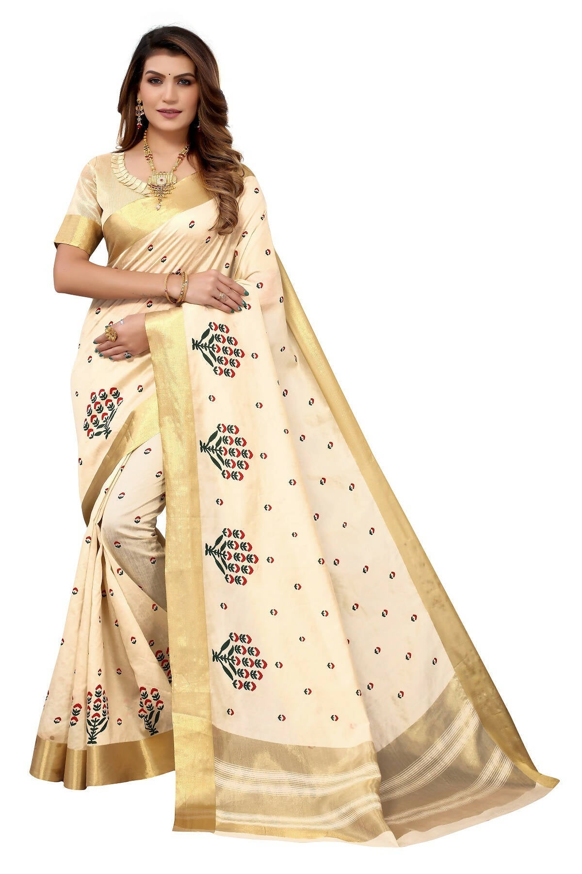 Vamika Cream Weaving Cotton Polyester Silk Saree