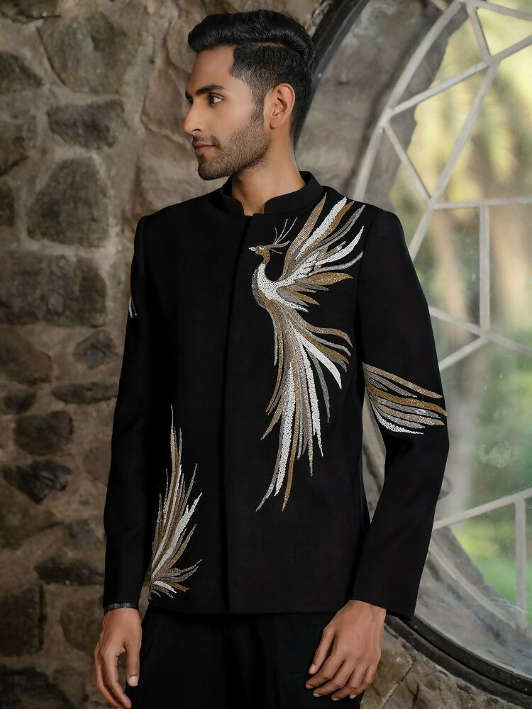 Black Bandhgala Elegance – Peacock Embroidery by Hilo Design
