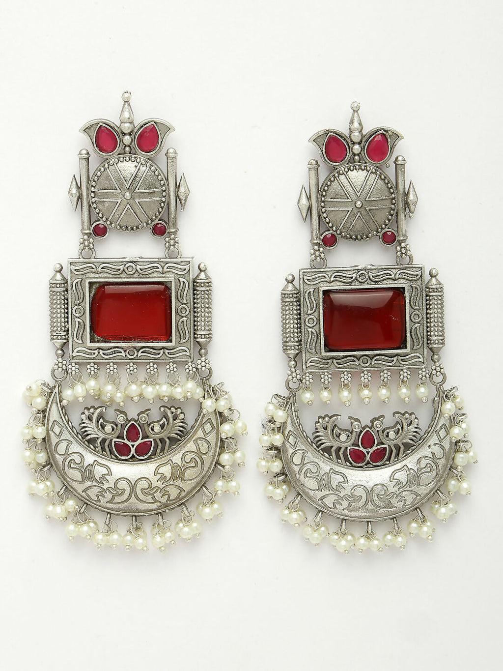NVR Women's Silver-Plated Artificial Stones and Beads Chandbali Earrings