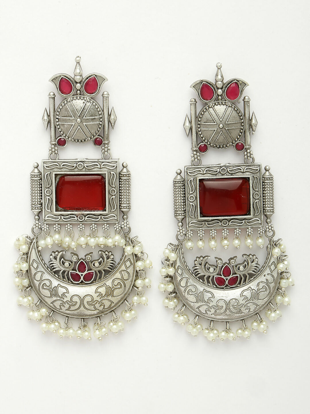 NVR Women's Silver-Plated Artificial Stones and Beads Chandbali Earrings