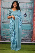 Exclusive Collection Skyblue Beautiful Mulmul Cotton Saree