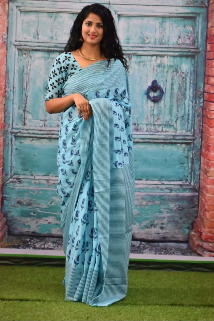 Exclusive Collection Skyblue Beautiful Mulmul Cotton Saree