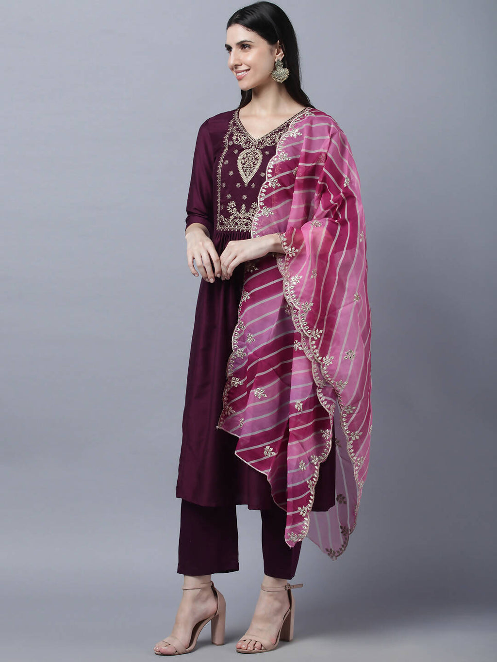 Myshka Stylish Maroon 3/4 Sleeve Women's Kurta Pant with Dupatta Set