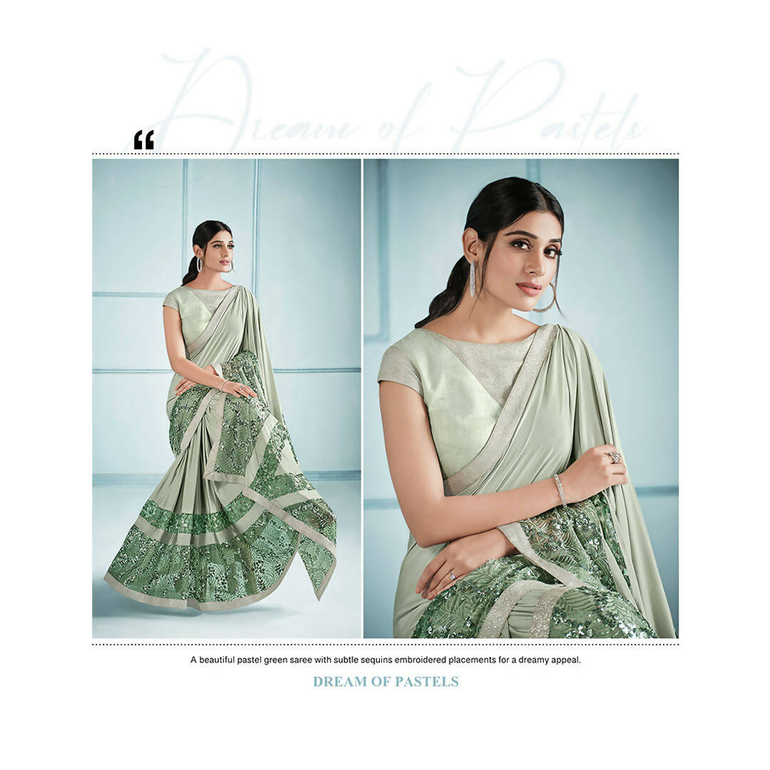 Sea Green Lycra Embroidery Saree with Unstitched Blouse Piece - Norita Elaura