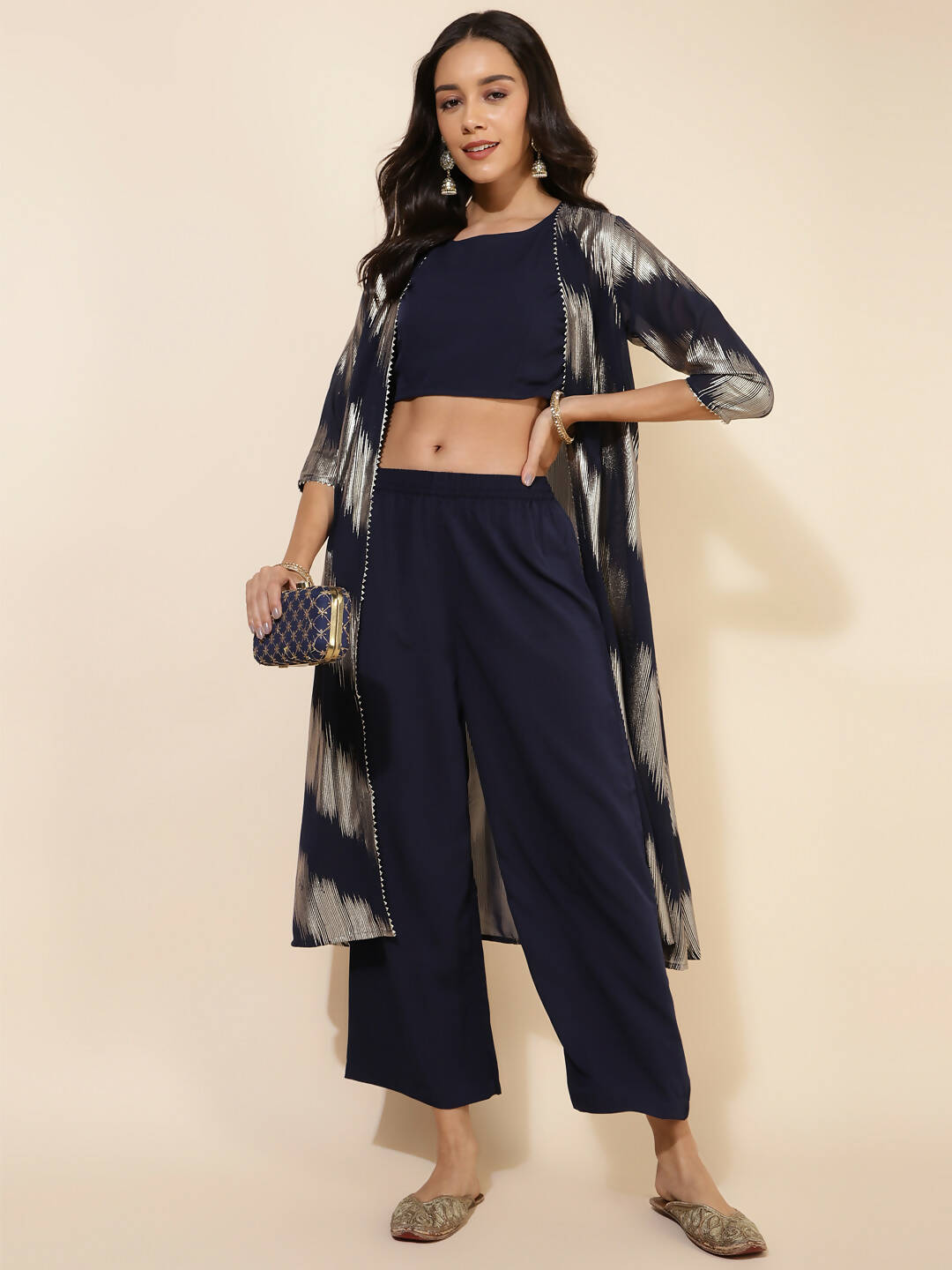 Janasya Women's Dark Blue Crepe Foil Printed Festive Crop Top Set