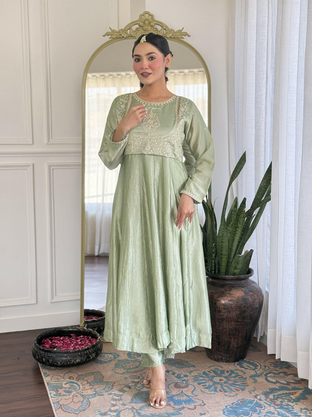 The52 Pista Women's Gorgeous Embroidered Vichitra Silk Fabric Flared Kurta Pant with Dupatta Set