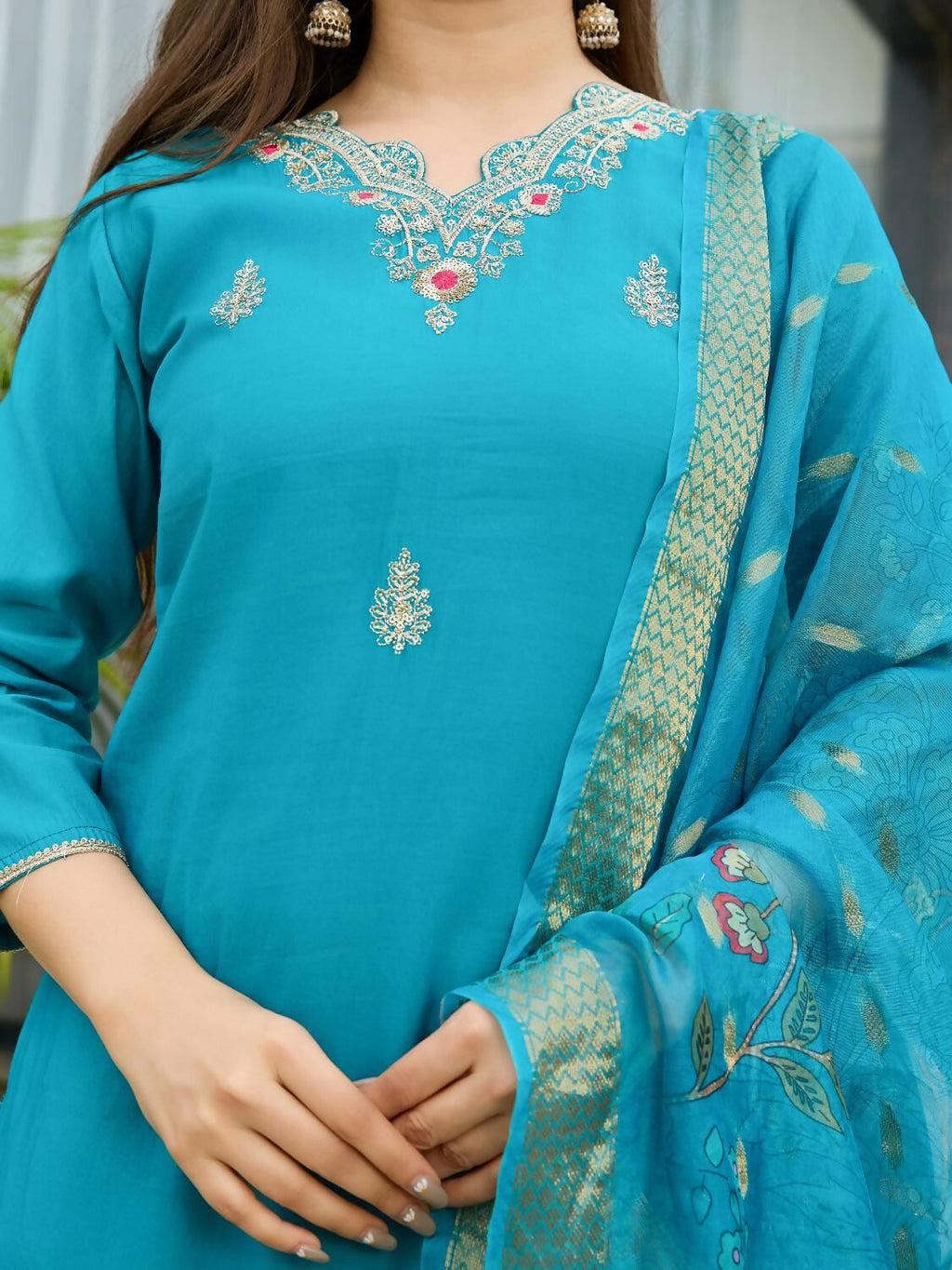 The52 Blue Women's Gorgeous Viscose Fabric Embroidered Work Straight Kurta, Pant and Dupatta Set