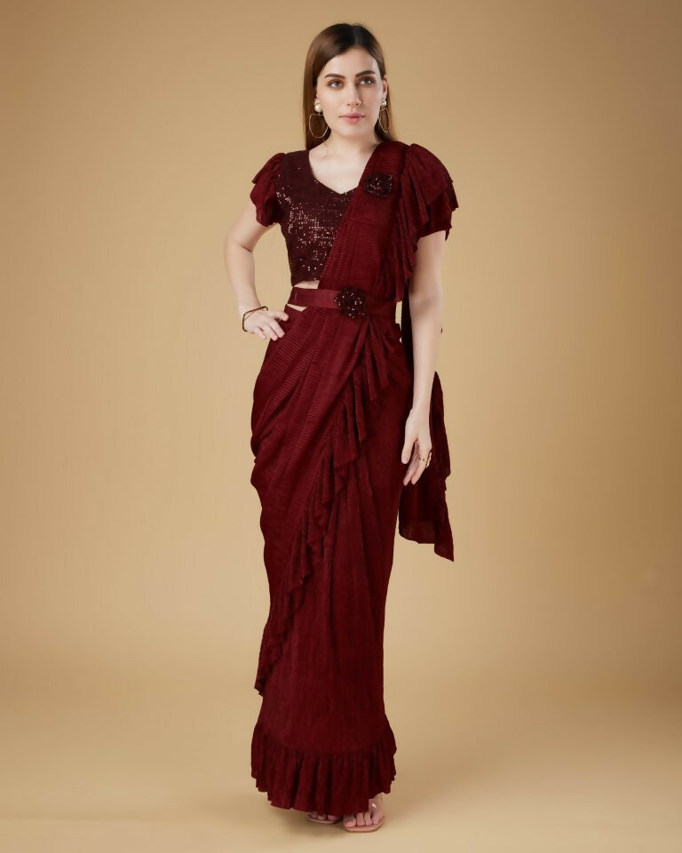Maroon Imported Crush Solid Ready to Wear Saree with stitched Blouse - Aayan