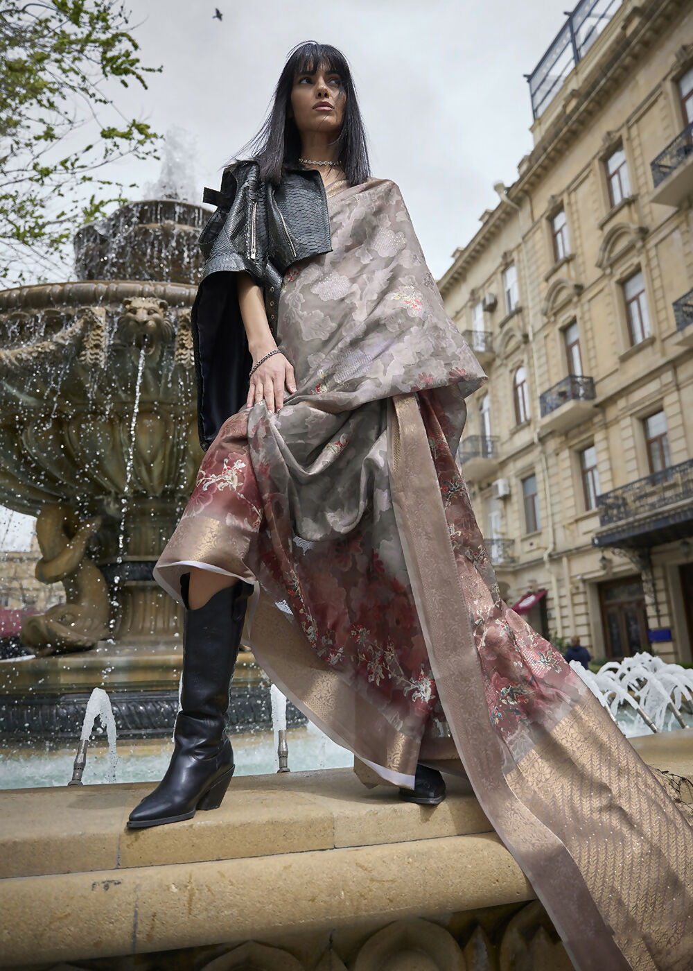 Lovely Brown & Grey Polly Brasso Designer Saree - Emponline