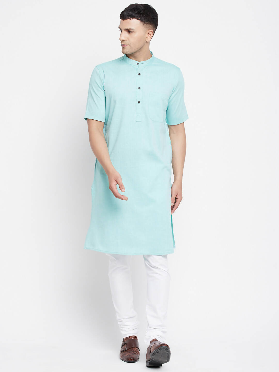 Even Apparels Green Pure Cotton Men's H/S Kurta With Band Collar