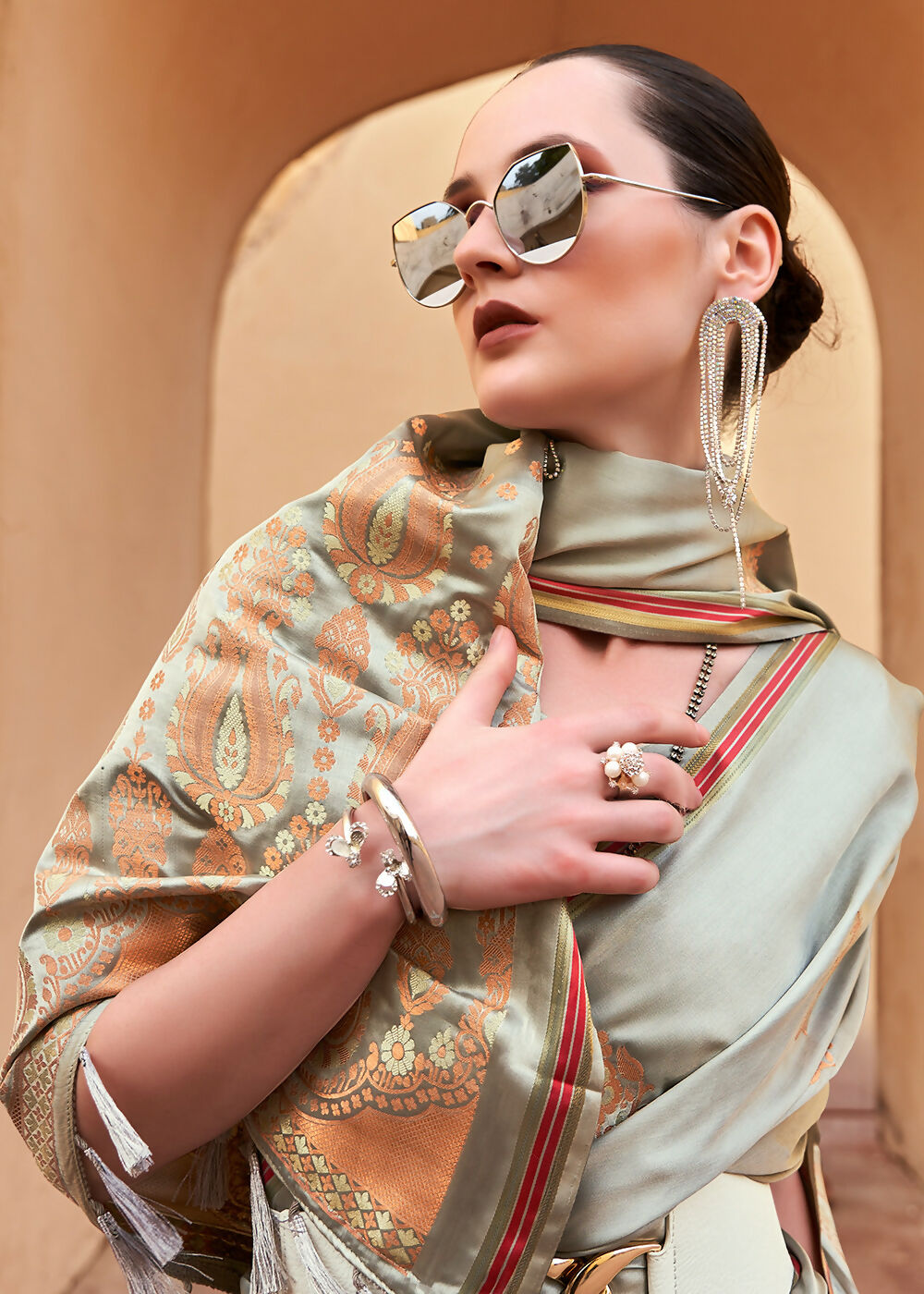 Dusty Grey Pure Satin Zari Weaving Wedding Festive Saree - Emponline