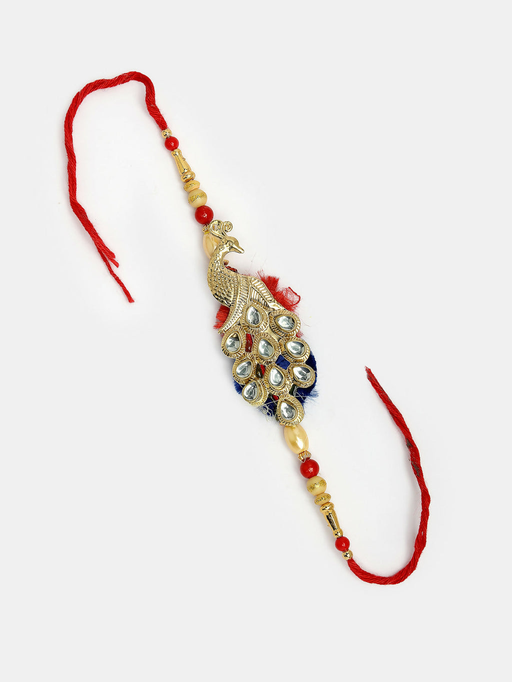 NVR Women & Men Set of 2 Gold-Toned Peacock Design Stone-Studded Bhaiya Bhabhi Rakhi With Roli Chawal & Chocolate