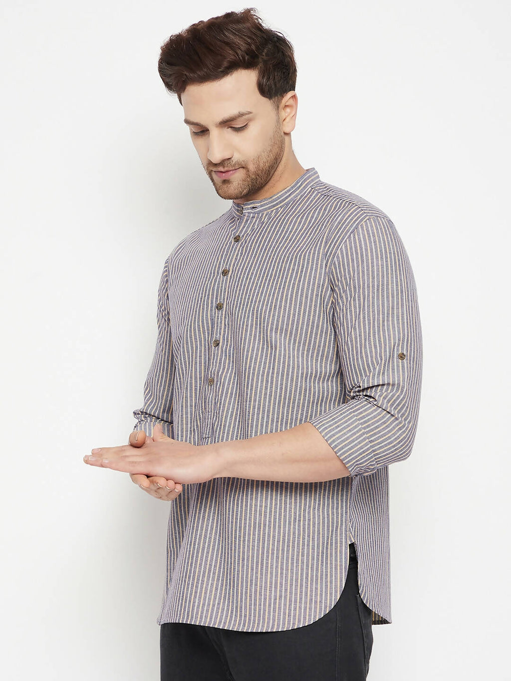 Even Apparels Grey Color Pure Cotton Short Men's Kurta With Band Collar
