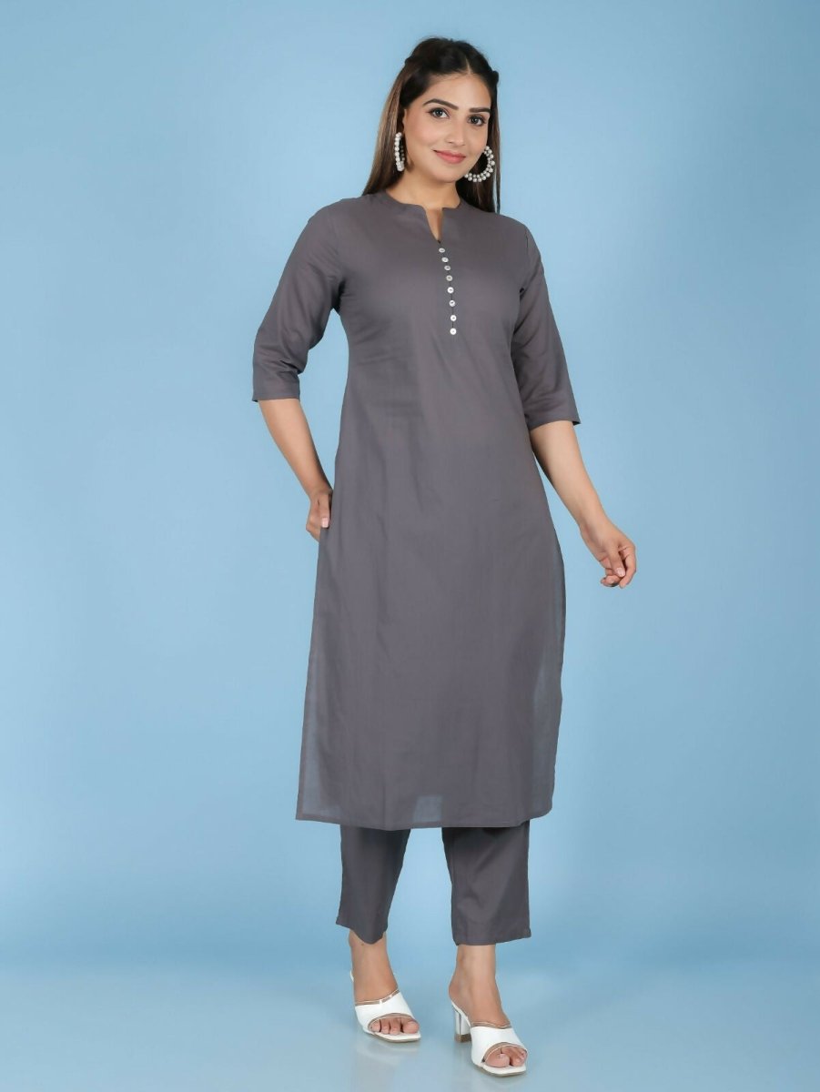Aramya Grey Soft Cotton Solid Print Straight Kurta Set for Women