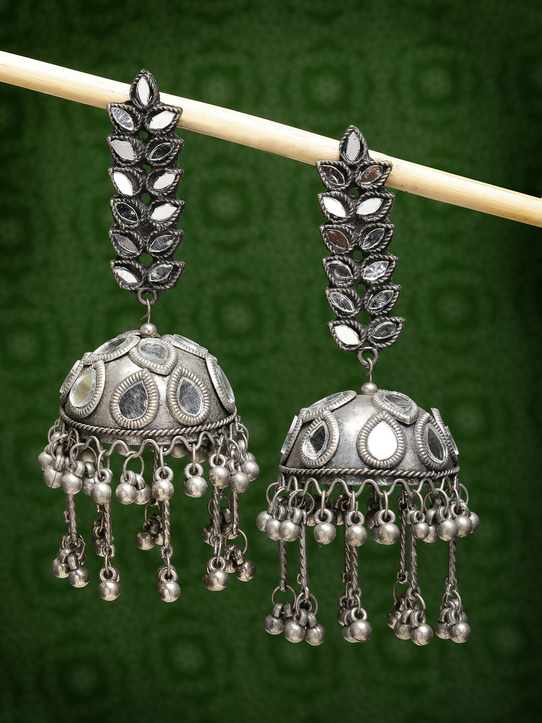 NVR Women's Silver Plated Mirror Work Oxidised Contemporary Jhumka Earrings