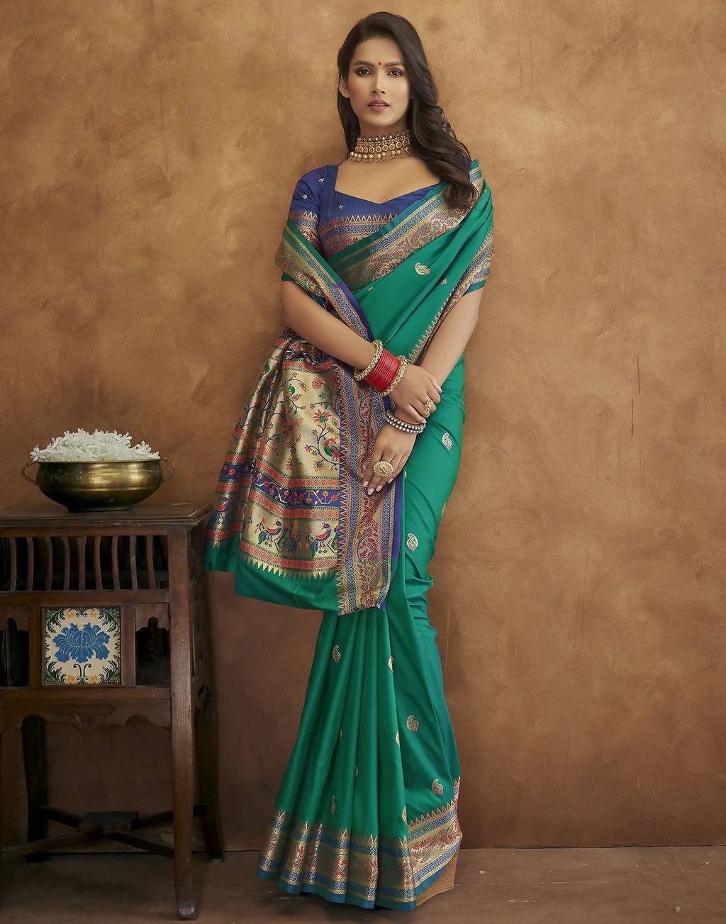 Vastranavya Turquoise Soft Paithani Silk Saree With Gold Zari Weaving Motifs With Matching Blouse Fabric