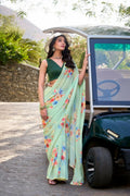 Vastranavya Pista Weightless Marble Printed & Pearl Lace Border Saree with Unstitched Blouse