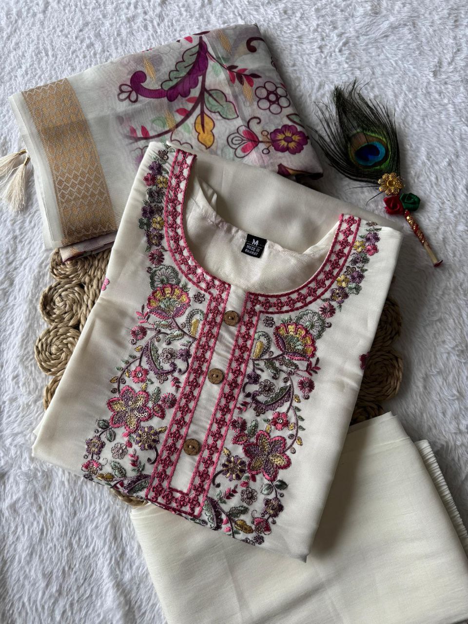 Lorenvalley Fashion Offwhite Roman Silk Embroidery Multi with Sequence Work Kurta Pant with Dupatta