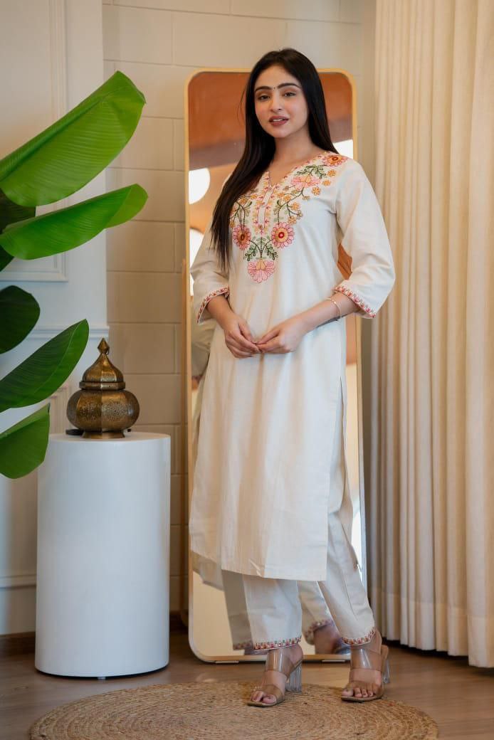 Lorenvalley Fashion Offwhite Pure Khadi Cotton Embroidery with Sequence Work Kurta Pant