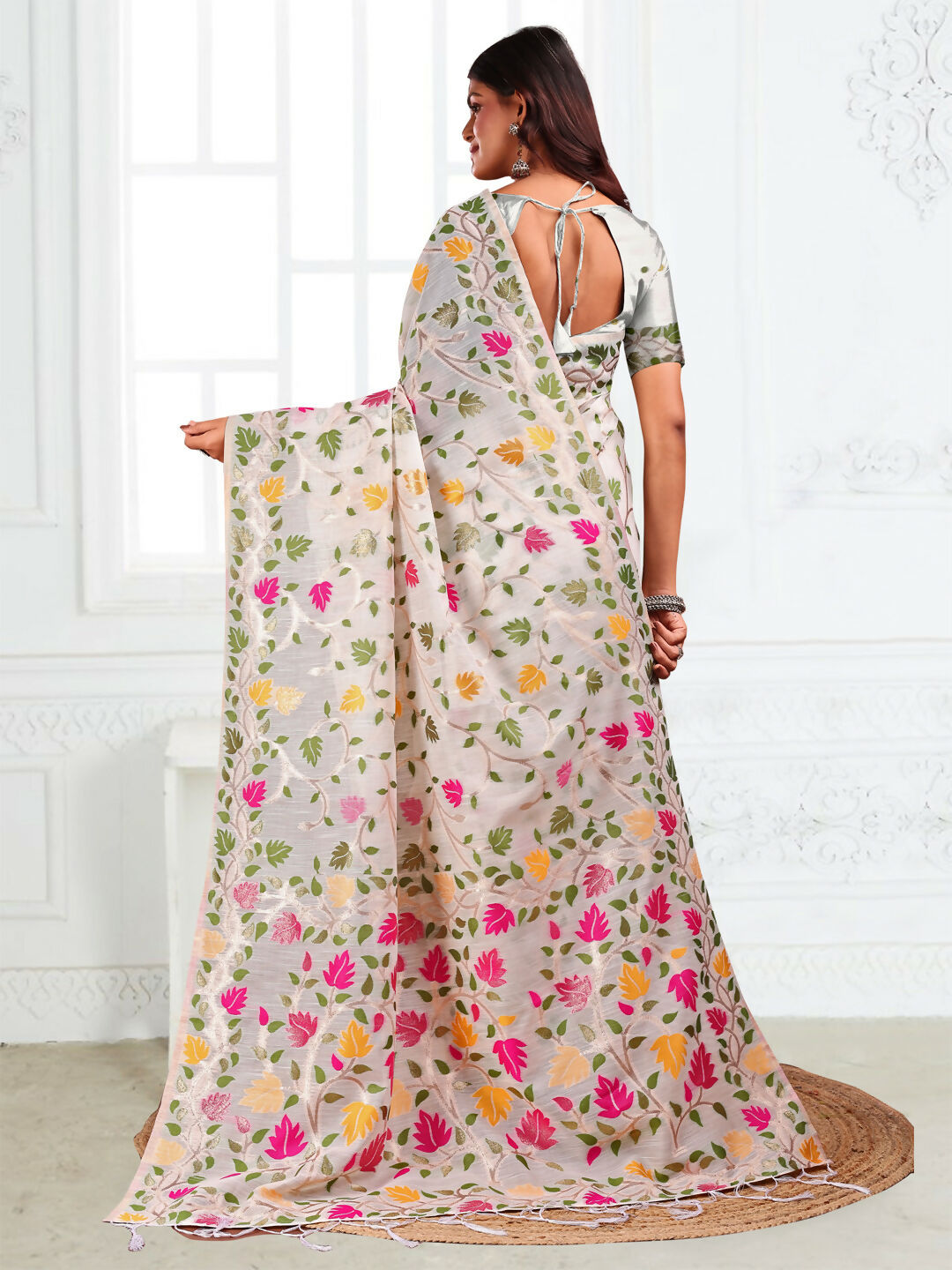 Shree Shyam Fashion Linen Cotton White Saree