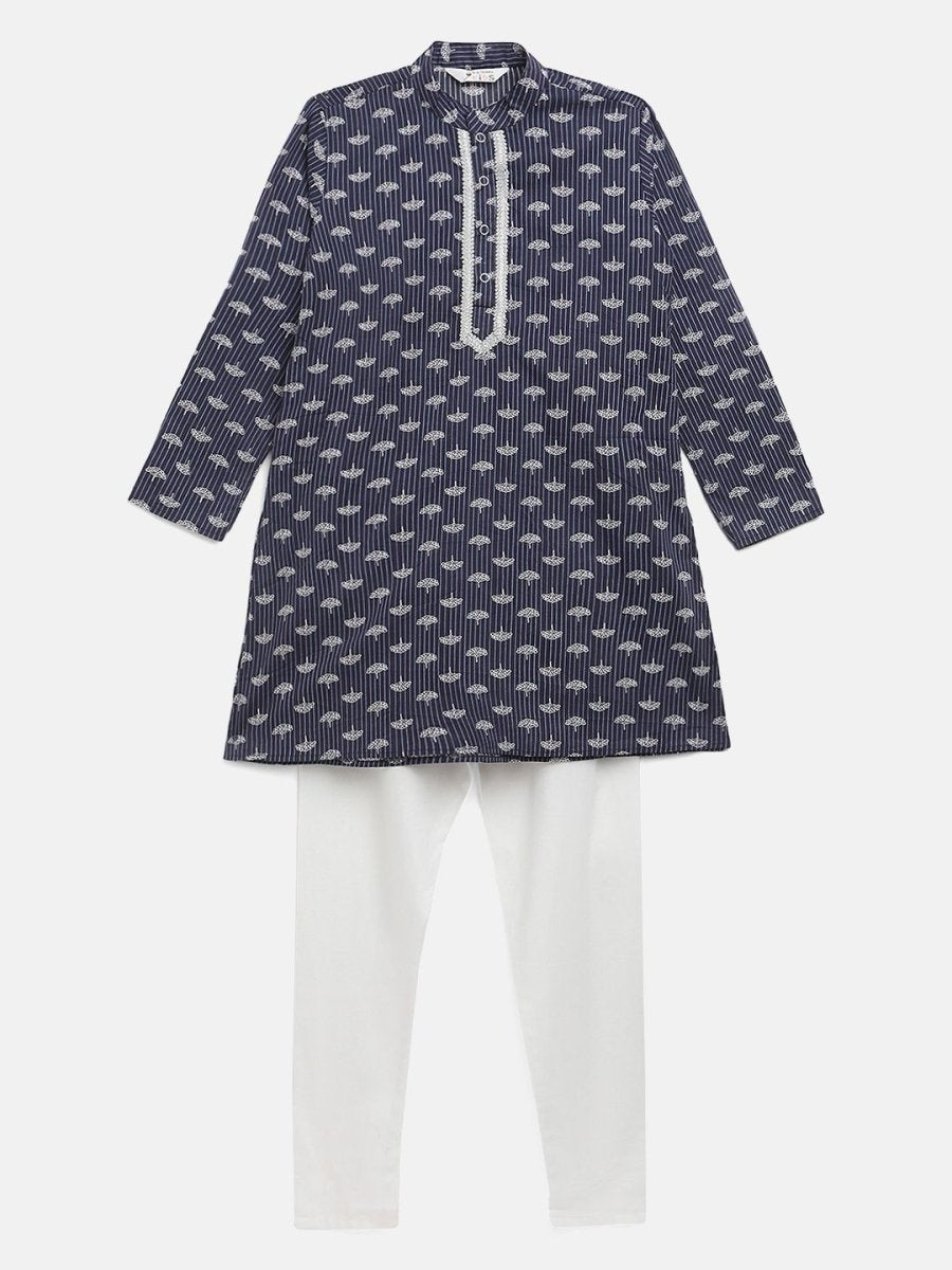 Ahalyaa Boys Navy Blue Pure Cotton Digital Print Kids Kurta Churidar Set
