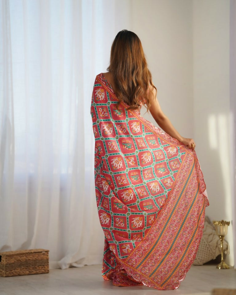 Red Chinon Designer Digital Printed & Mirror Cut Work Saree - Kriti