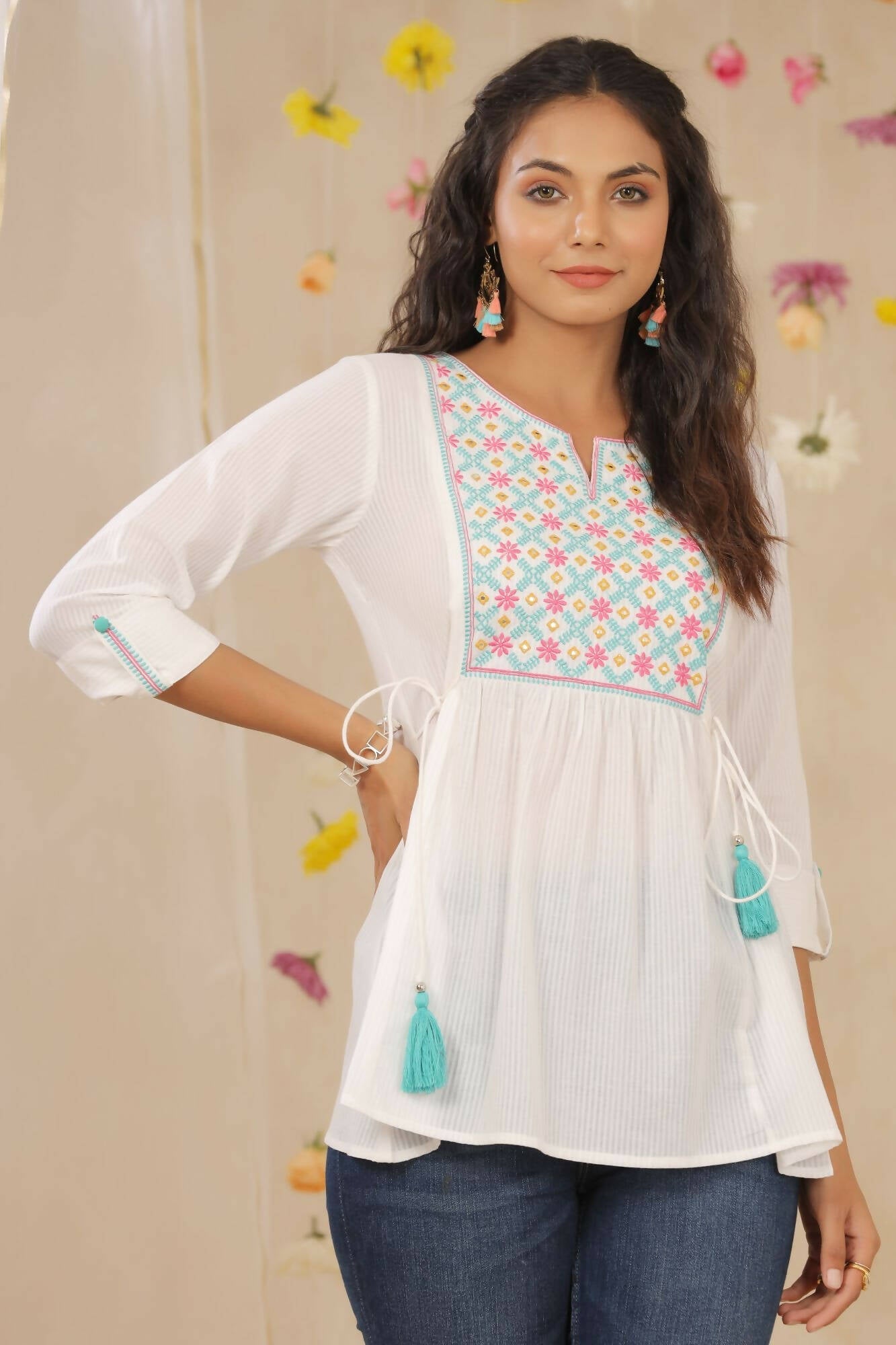 Juniper Women White Cotton Dobby Embroidered A-Line Tunic