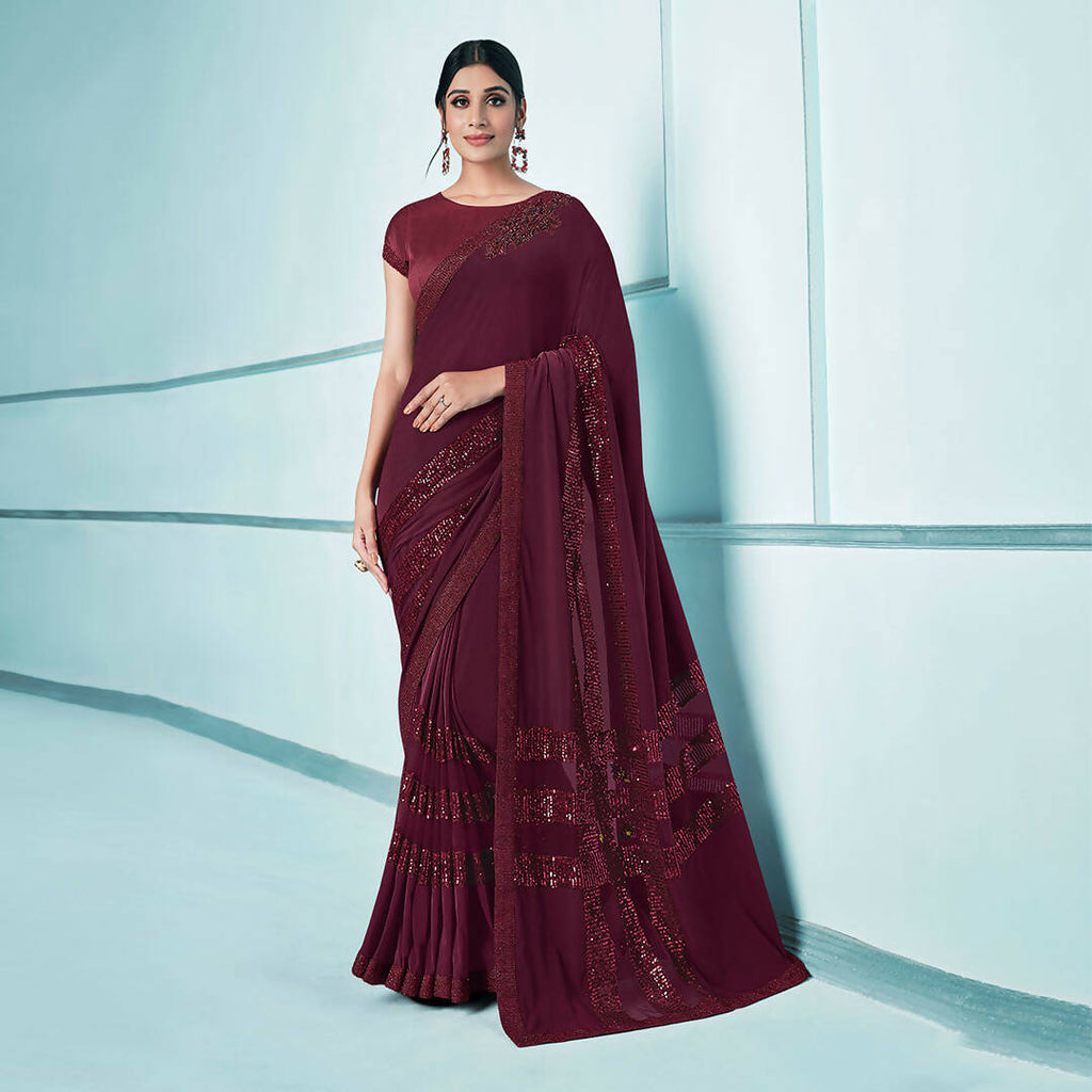 Maroon Lycra sequence Saree with Unstitched Blouse Piece - Norita Elaura