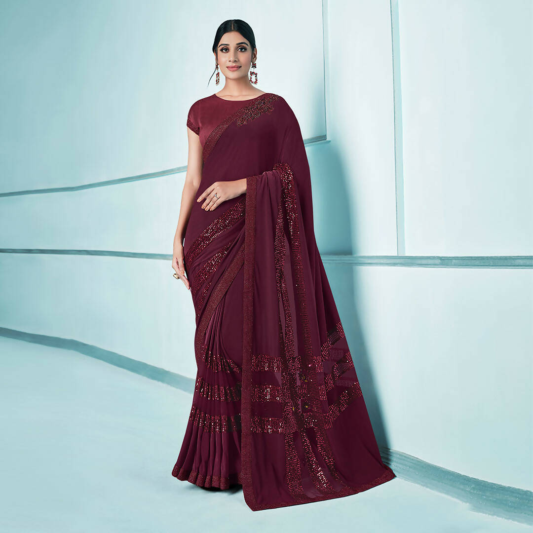 Maroon Lycra sequence Saree with Unstitched Blouse Piece - Norita Elaura