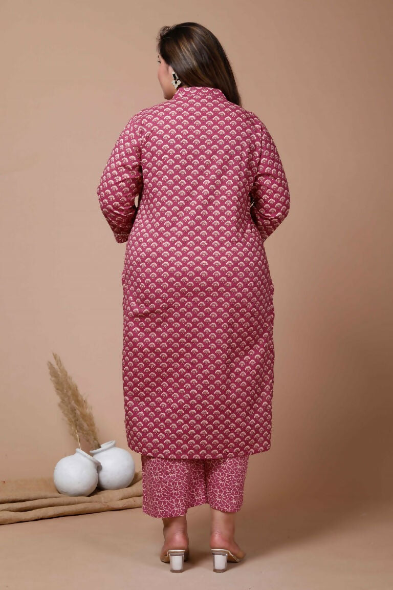 Miravan Women's Plus Size Pink Printed Gota Patti Cotton Kurta With Palazzo