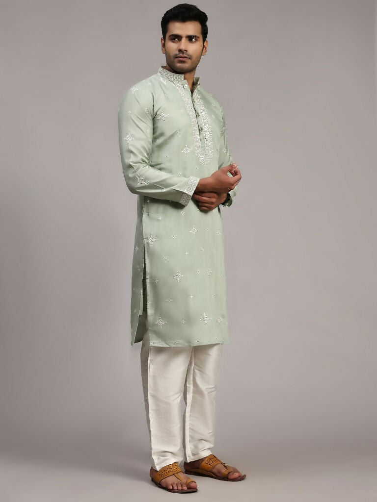 Light Green Silk Designer Embroidery Work Men's Rajwadi Kurta Set - Mahotsav