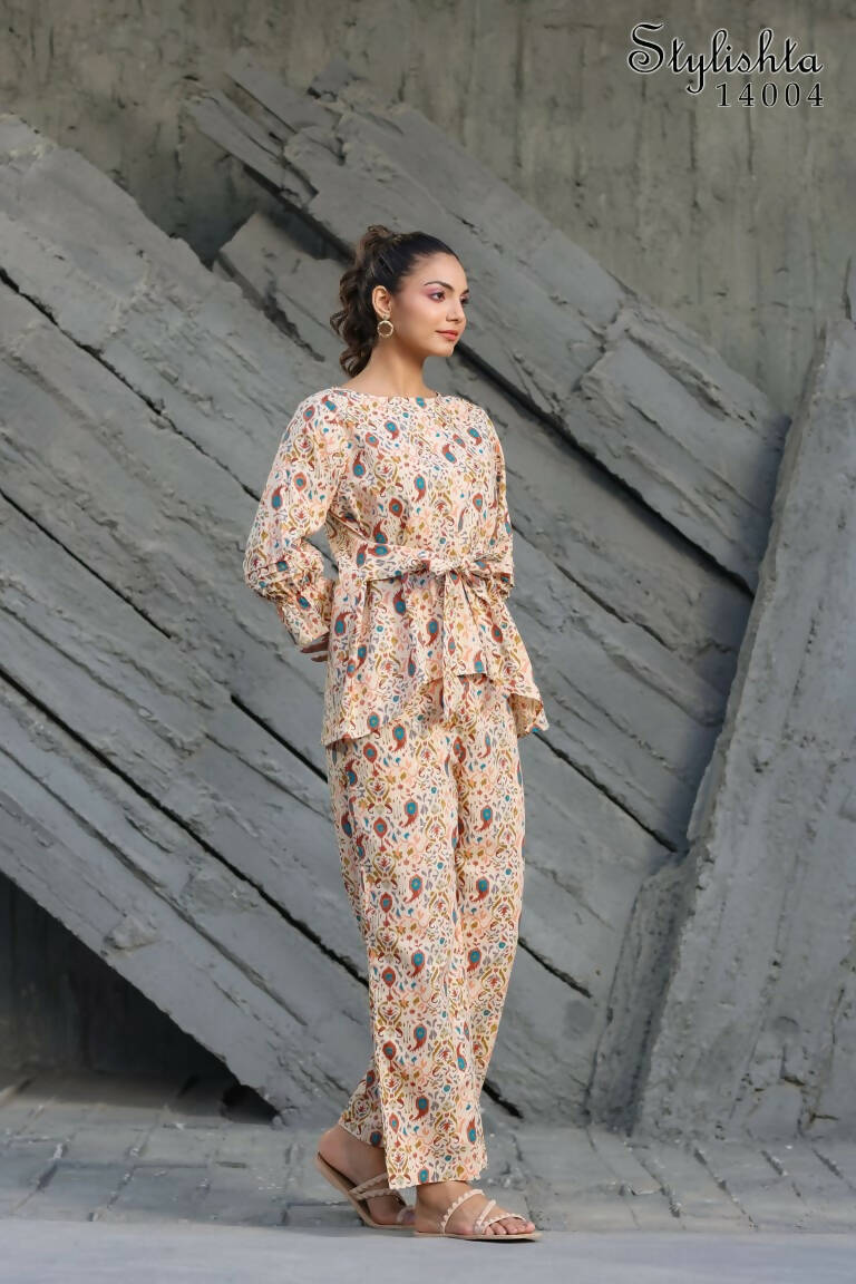Women's Partywear Designer Cream & Multi Muslin co-ord set - Stylishta